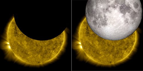 Vlevo: původní snímek ze sondy SDO. Vpravo: stejný snímek po vložení modelu Měsíce
