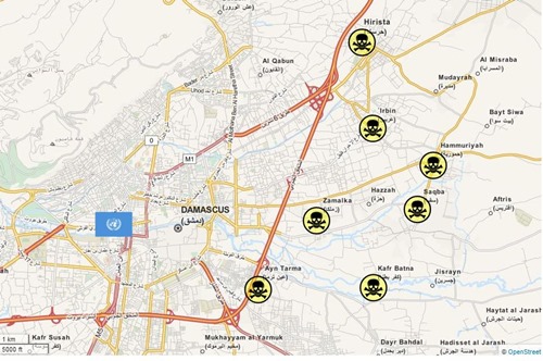 Místa předpokládaného použití chemických zbraní na okraji Damašku. Zdroj: Wikipedia