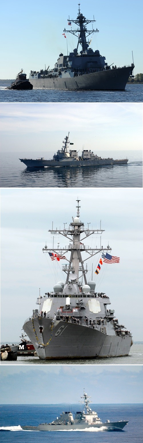  Americké torpédoborce ve Středozemním moři. Od shora dolů: USS Gravely, USS Barry, USS Ramage a USS Mahan 